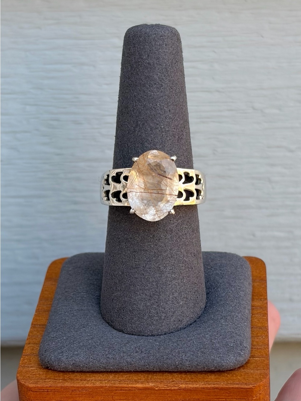 Sterling Silver Rutilated Quartz Statement Ring - Clear/Gold Tones Sz 8.5